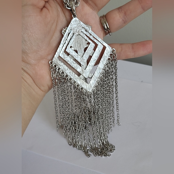 Vintage RARE SHERMAN Silver Huge Tassel Pendant Chain Link Tribal Necklace - Picture 6 of 13